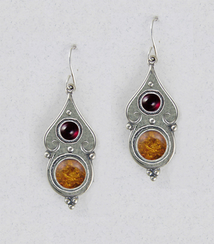 Sterling Silver Gothic Look With Amber And Garnet Gemstone Drop Dangle Earrings